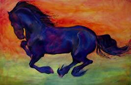 Friesian Mintse Black Stallion galloping in painting